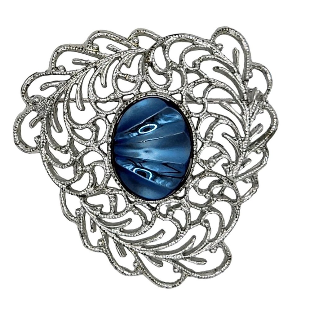 Sarah Coventry Silver Tone Filigree Brooch 2" Signed Blue Stone Vintage Royal Pl